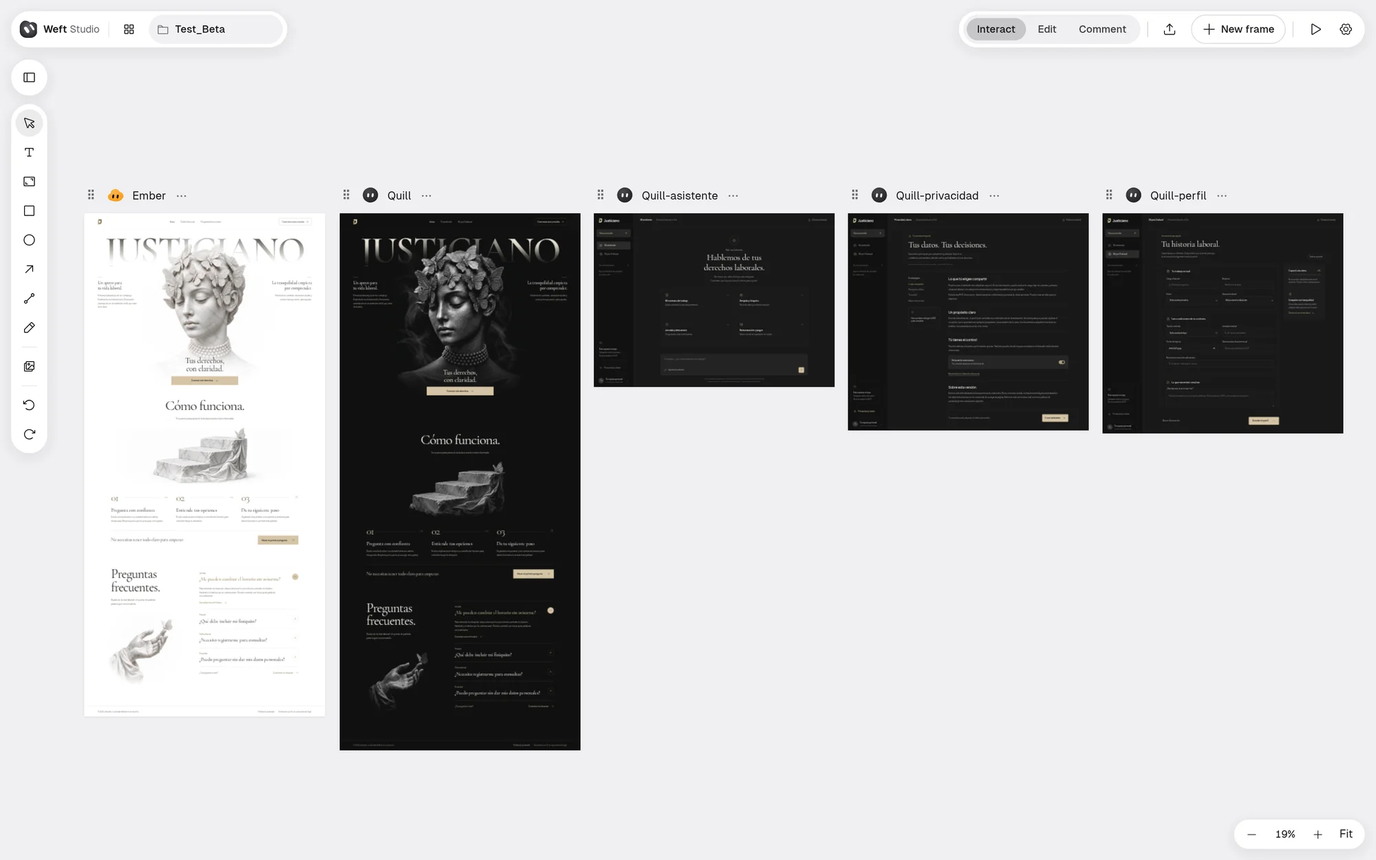 Five frames on the Weft Studio canvas: the same legal assistant landing page in light and dark, plus its assistant, privacy and profile views.